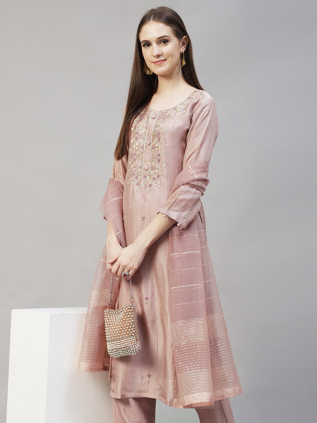 Ethnic Hand Embroidered Straight Kurta with Pants & Dupatta - Old Rose Pink - Indiakreations