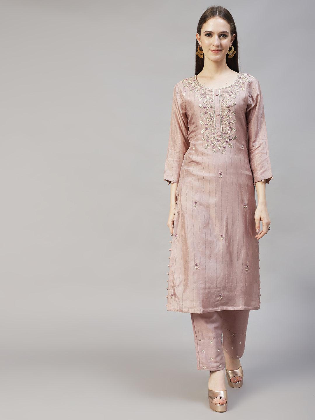 Ethnic Hand Embroidered Straight Kurta with Pants & Dupatta - Old Rose Pink - Indiakreations