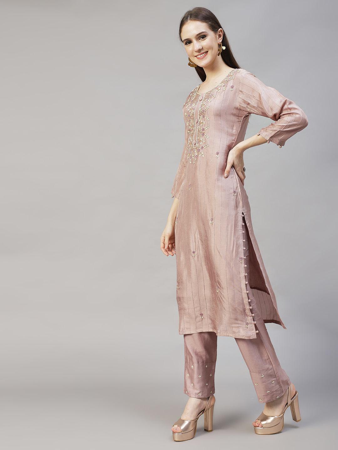 Ethnic Hand Embroidered Straight Kurta with Pants & Dupatta - Old Rose Pink - Indiakreations