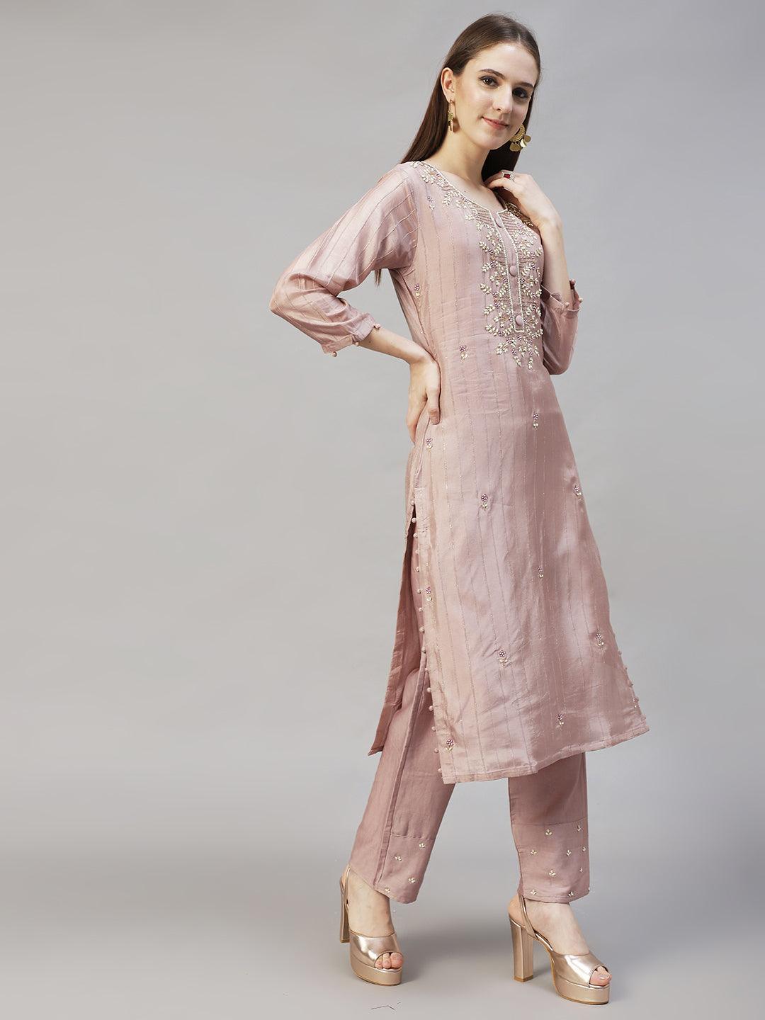 Ethnic Hand Embroidered Straight Kurta with Pants & Dupatta - Old Rose Pink - Indiakreations