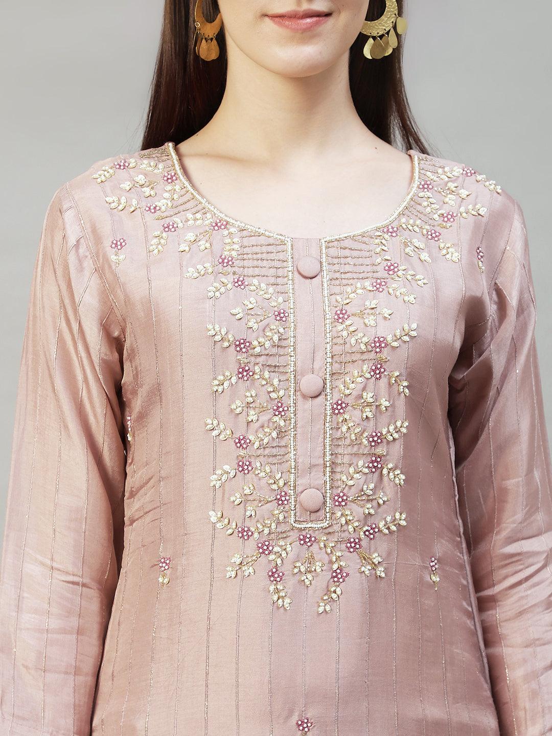 Ethnic Hand Embroidered Straight Kurta with Pants & Dupatta - Old Rose Pink - Indiakreations