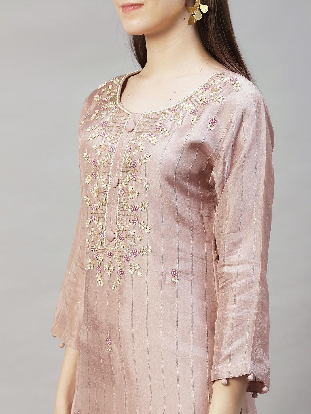 Ethnic Hand Embroidered Straight Kurta with Pants & Dupatta - Old Rose Pink - Indiakreations