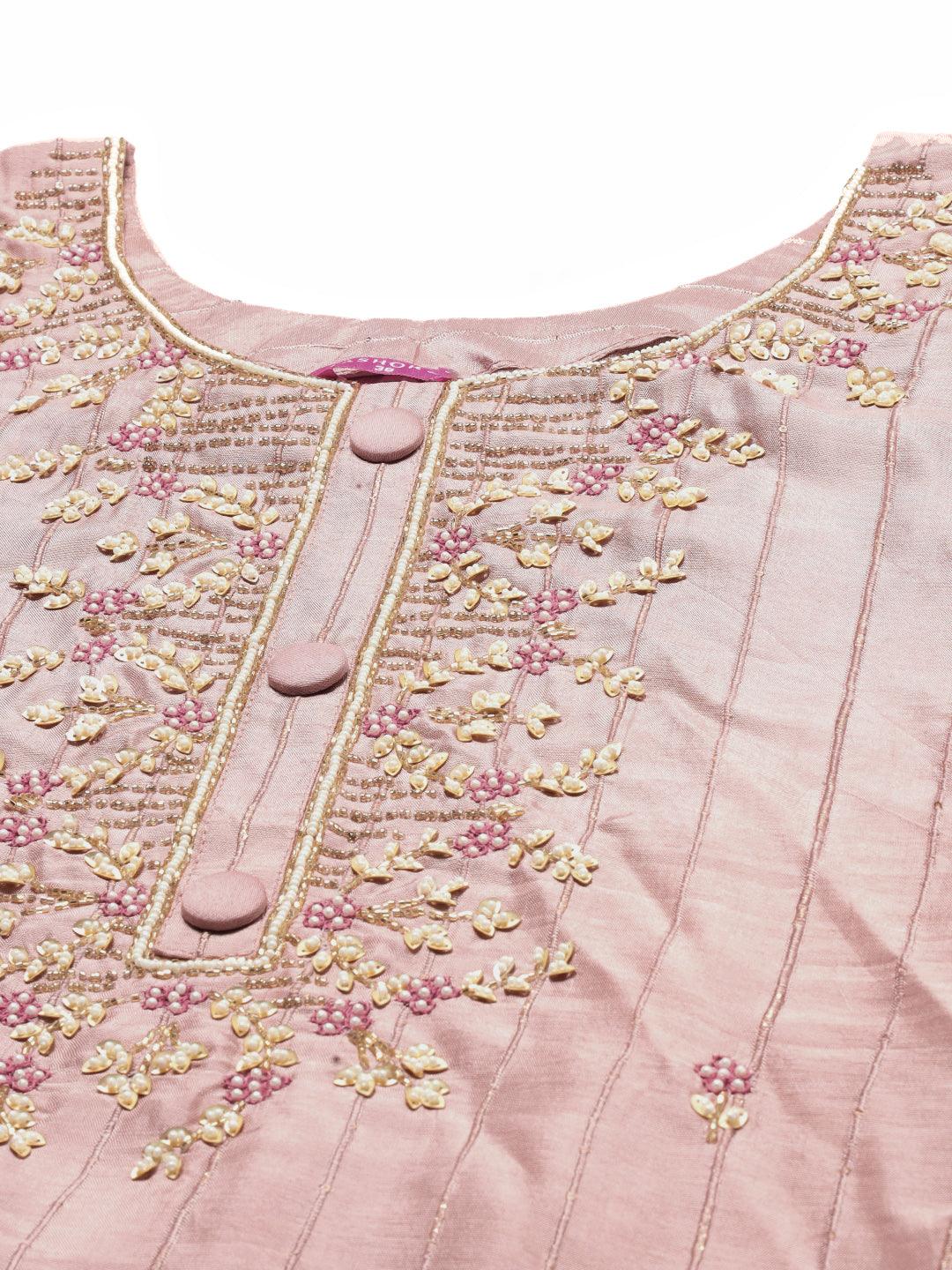 Ethnic Hand Embroidered Straight Kurta with Pants & Dupatta - Old Rose Pink - Indiakreations