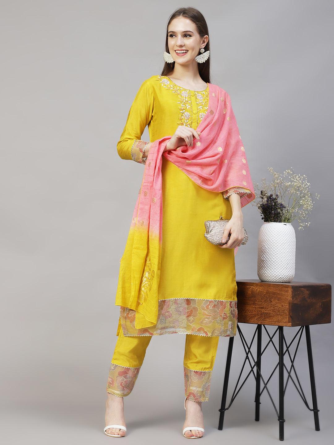 Floral Hand Embroidered Straight Kurta with Pants & Dupatta - Yellow - Indiakreations