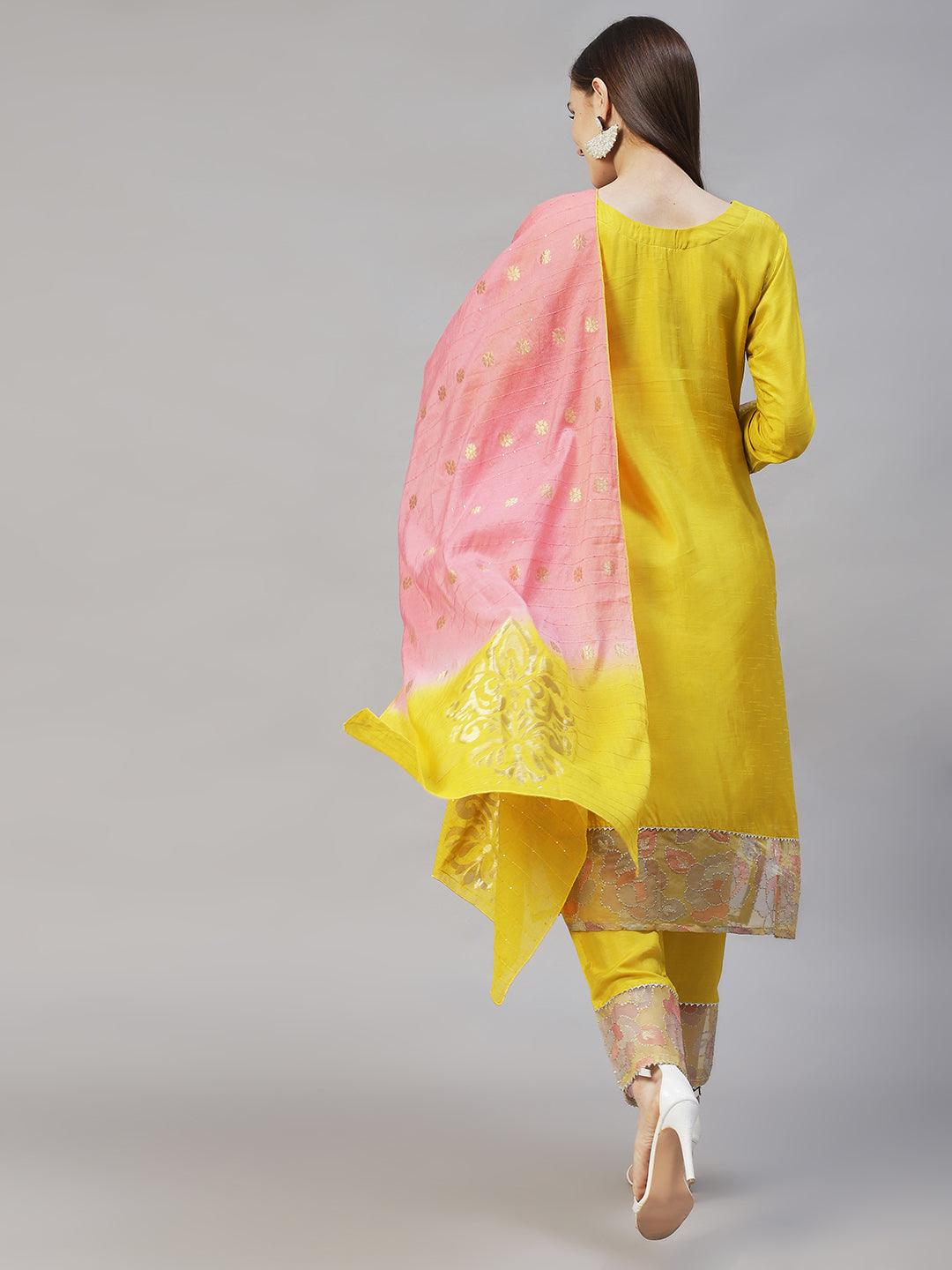 Floral Hand Embroidered Straight Kurta with Pants & Dupatta - Yellow - Indiakreations