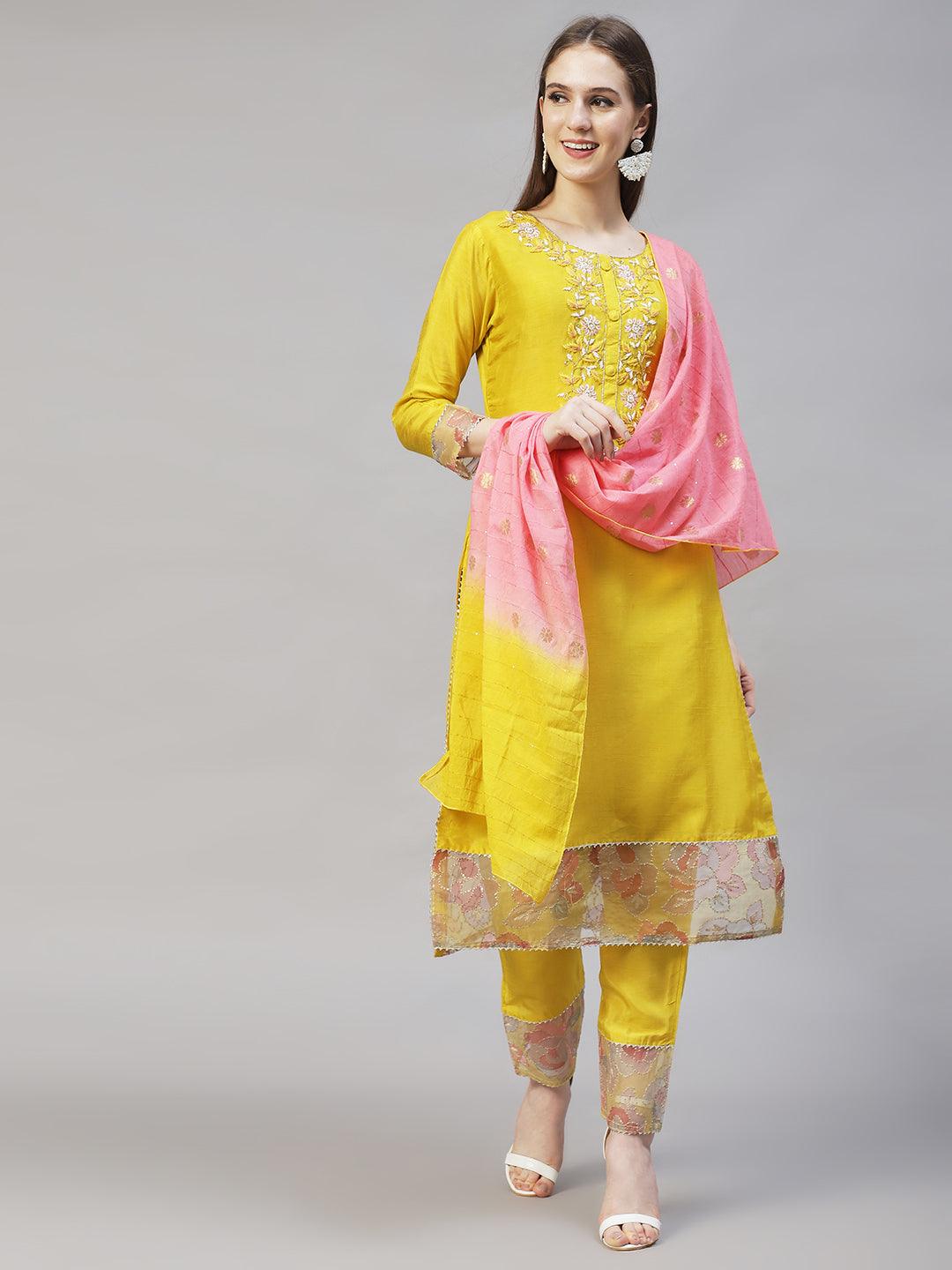 Floral Hand Embroidered Straight Kurta with Pants & Dupatta - Yellow - Indiakreations