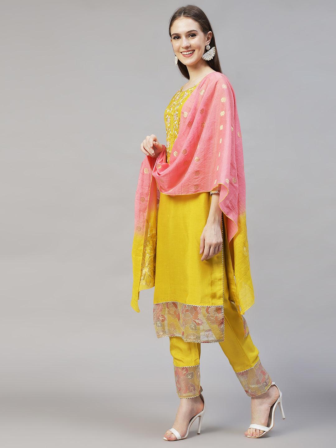 Floral Hand Embroidered Straight Kurta with Pants & Dupatta - Yellow - Indiakreations