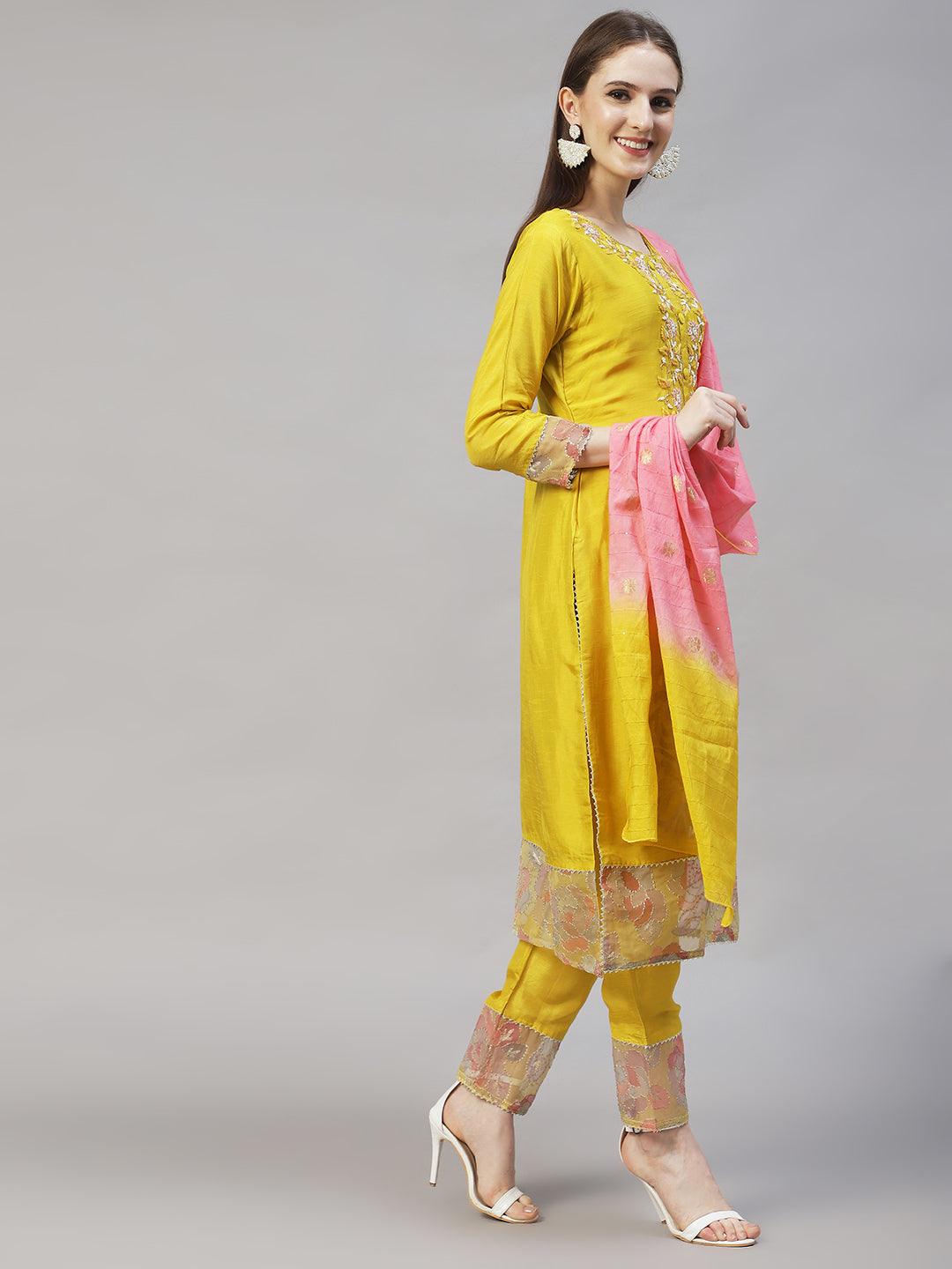 Floral Hand Embroidered Straight Kurta with Pants & Dupatta - Yellow - Indiakreations