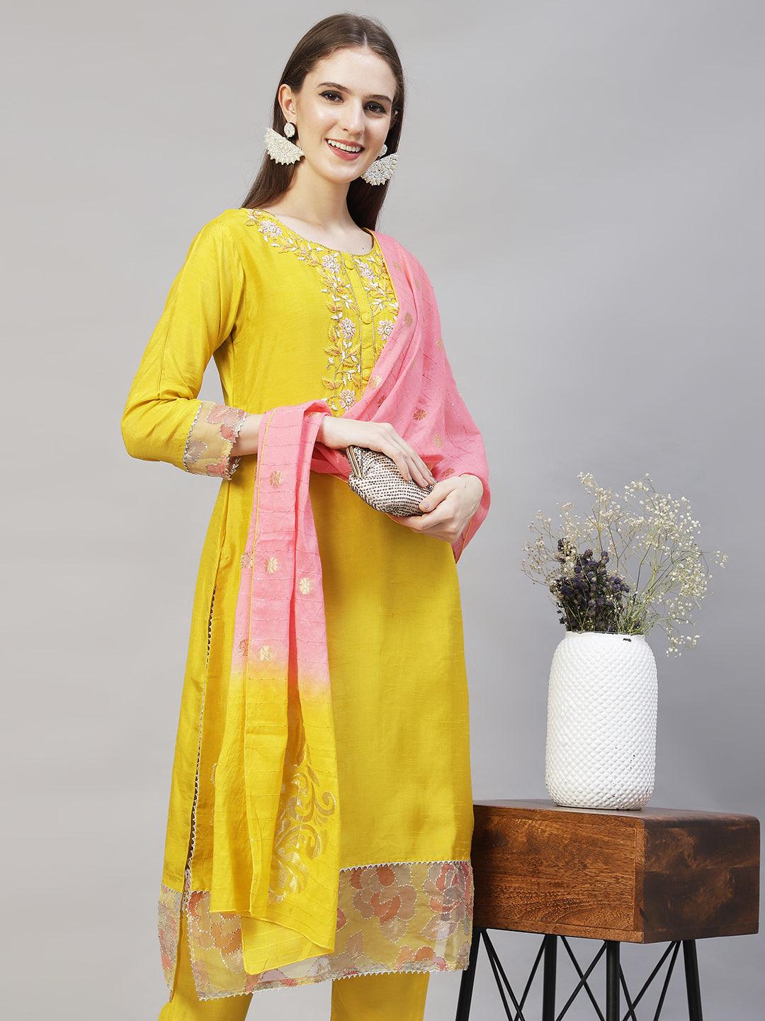 Floral Hand Embroidered Straight Kurta with Pants & Dupatta - Yellow - Indiakreations