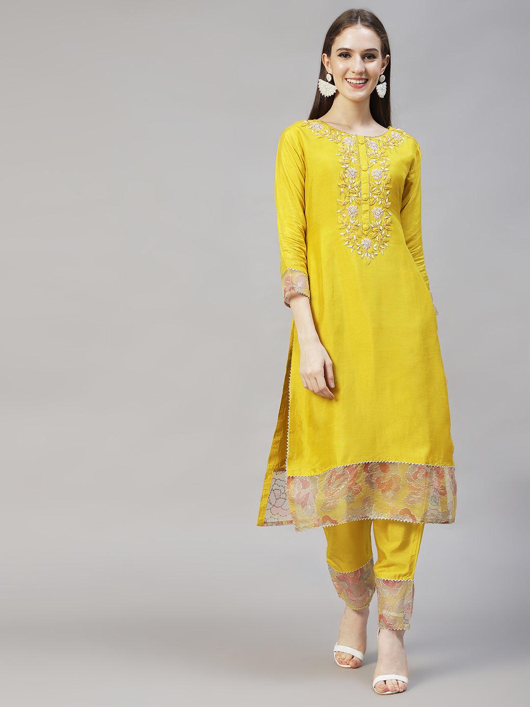 Floral Hand Embroidered Straight Kurta with Pants & Dupatta - Yellow - Indiakreations