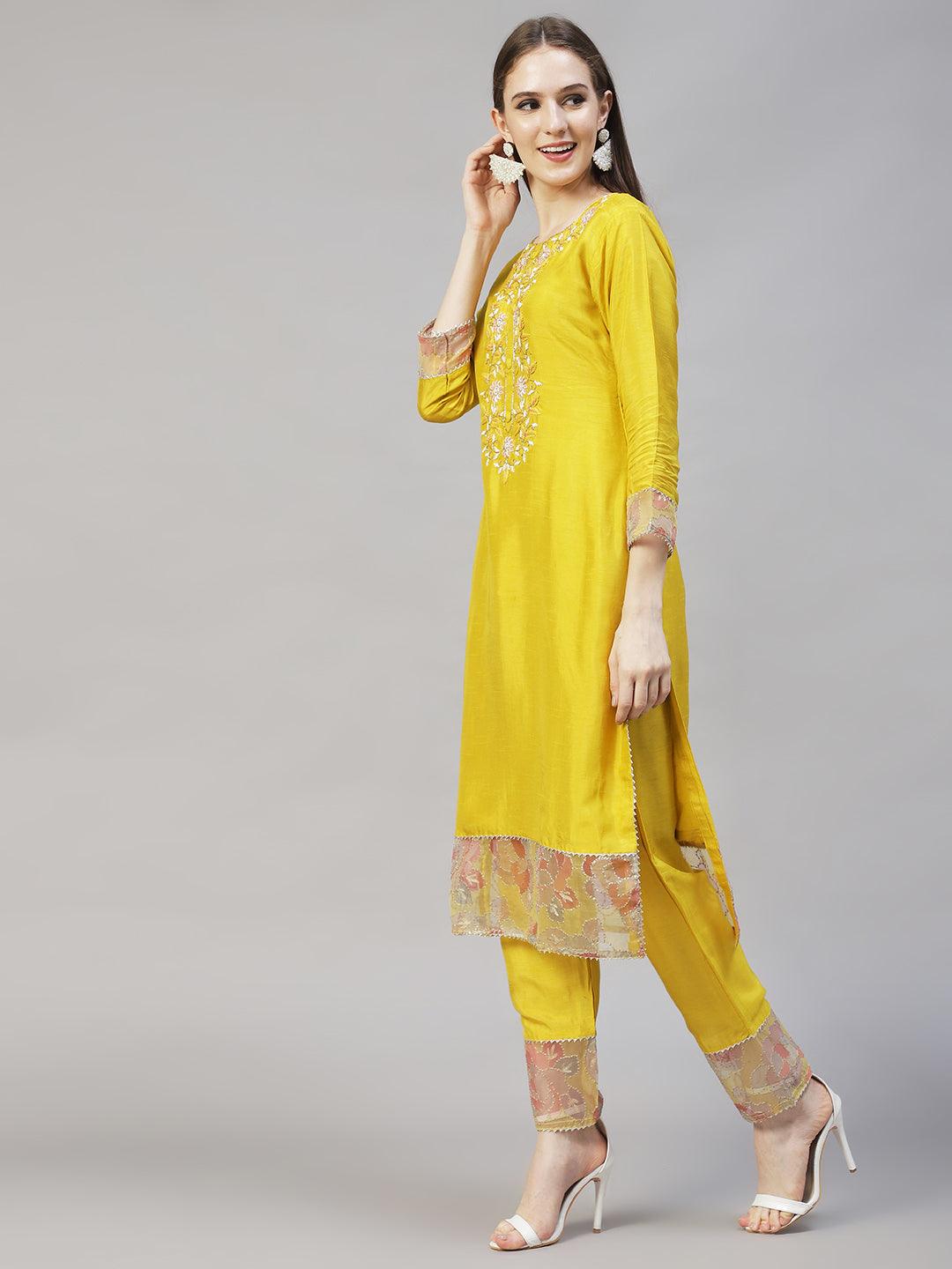 Floral Hand Embroidered Straight Kurta with Pants & Dupatta - Yellow - Indiakreations