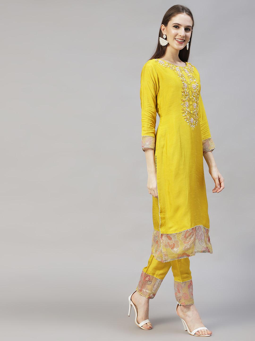 Floral Hand Embroidered Straight Kurta with Pants & Dupatta - Yellow - Indiakreations