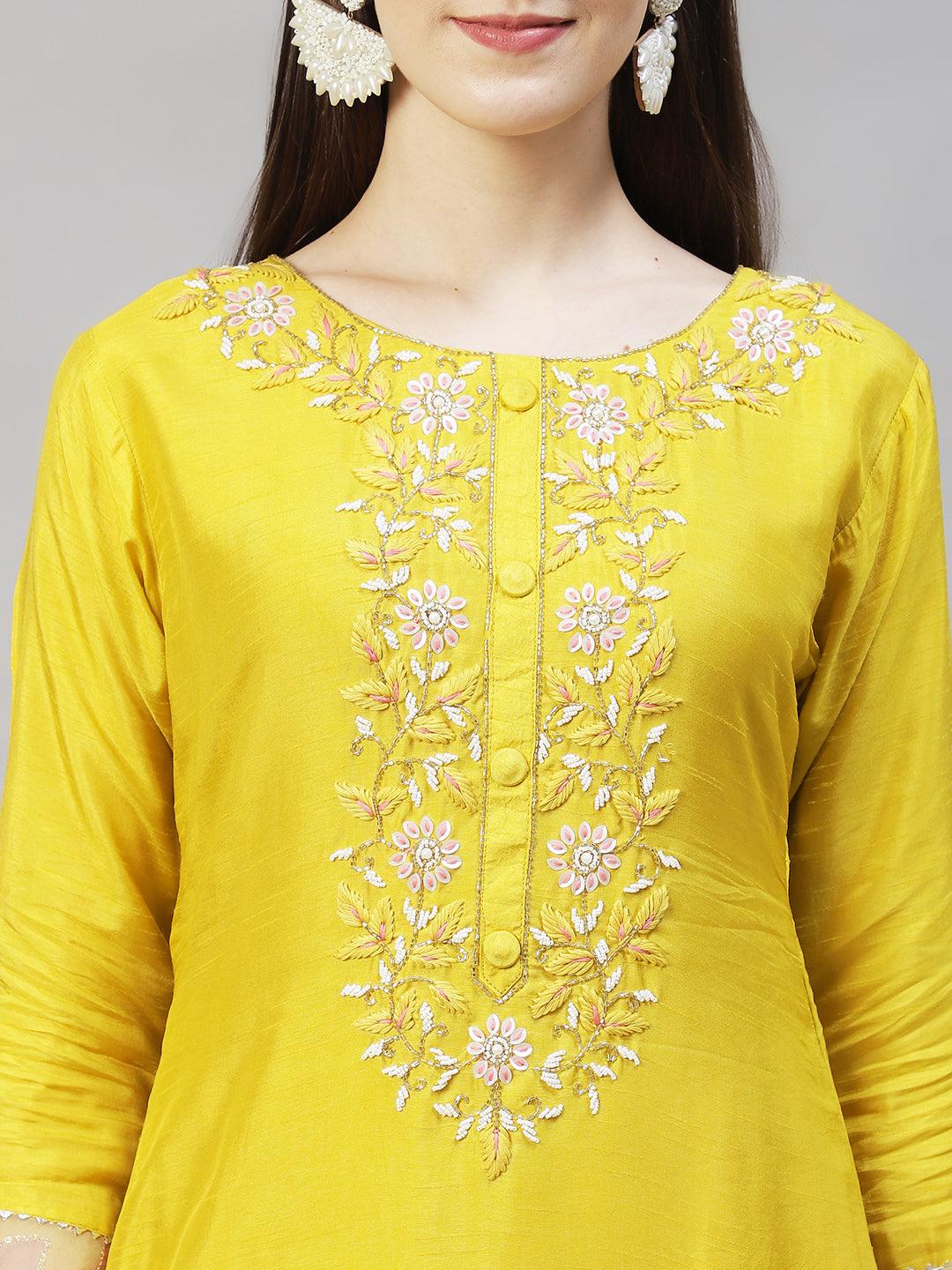 Floral Hand Embroidered Straight Kurta with Pants & Dupatta - Yellow - Indiakreations