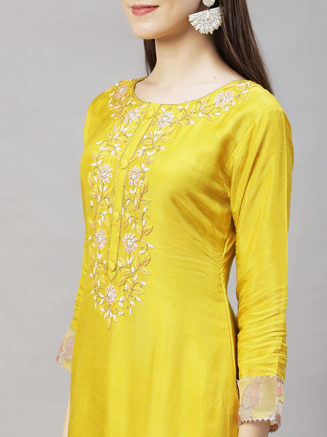 Floral Hand Embroidered Straight Kurta with Pants & Dupatta - Yellow - Indiakreations