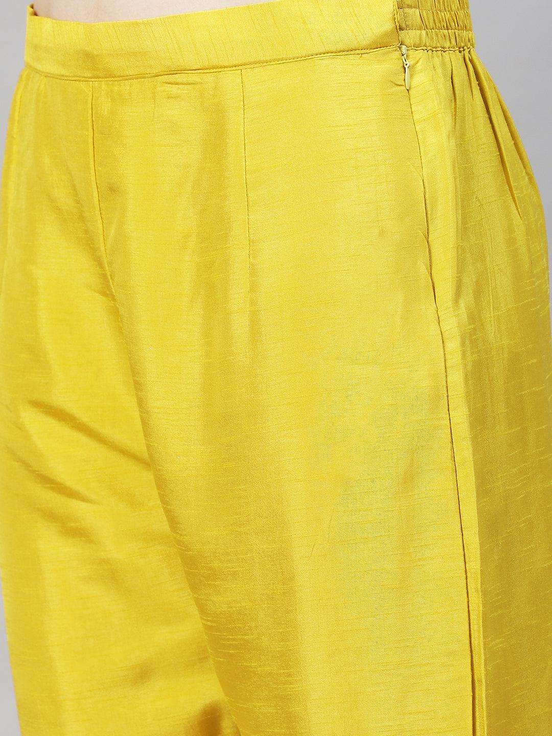 Floral Hand Embroidered Straight Kurta with Pants & Dupatta - Yellow - Indiakreations