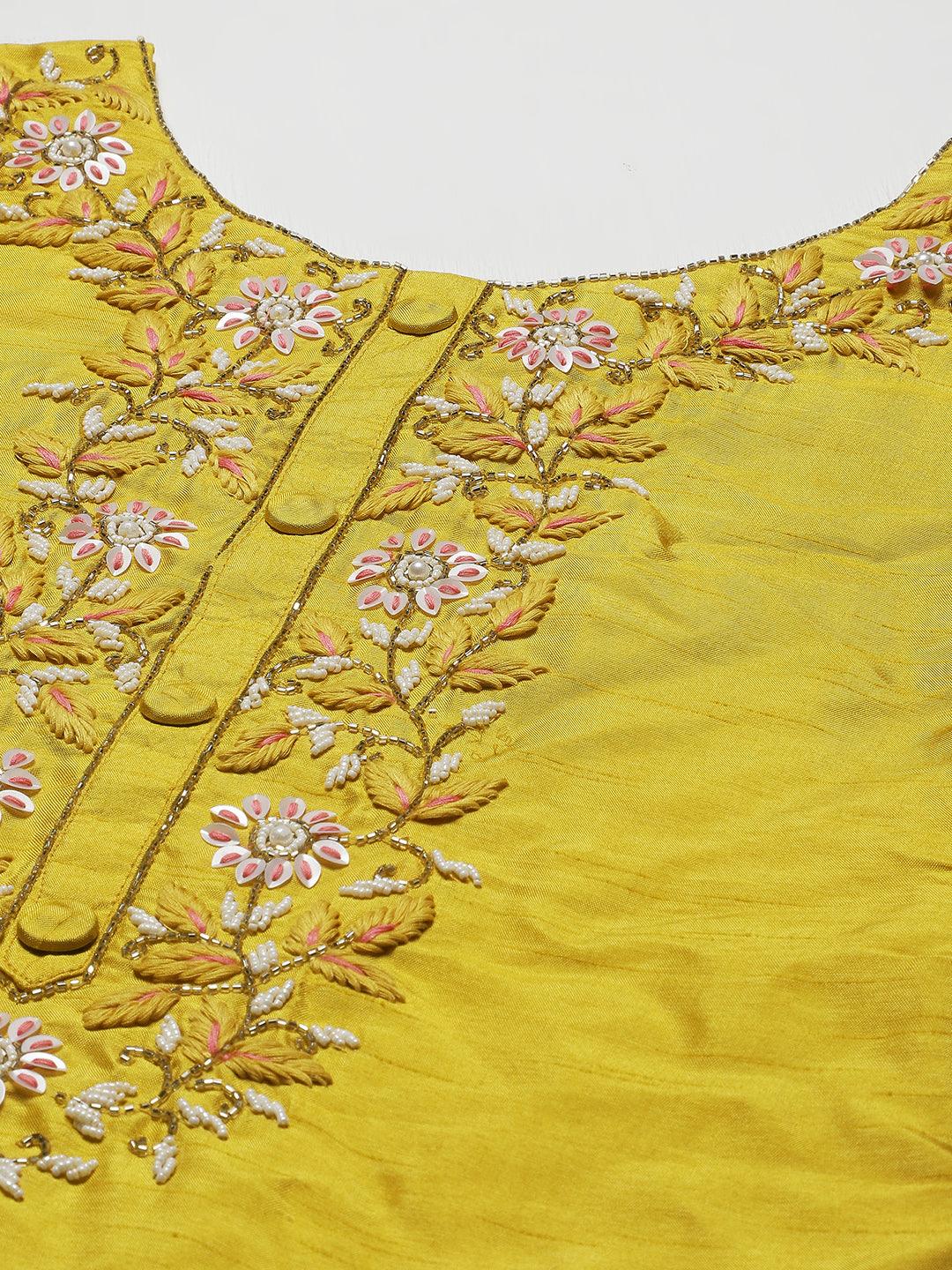 Floral Hand Embroidered Straight Kurta with Pants & Dupatta - Yellow - Indiakreations