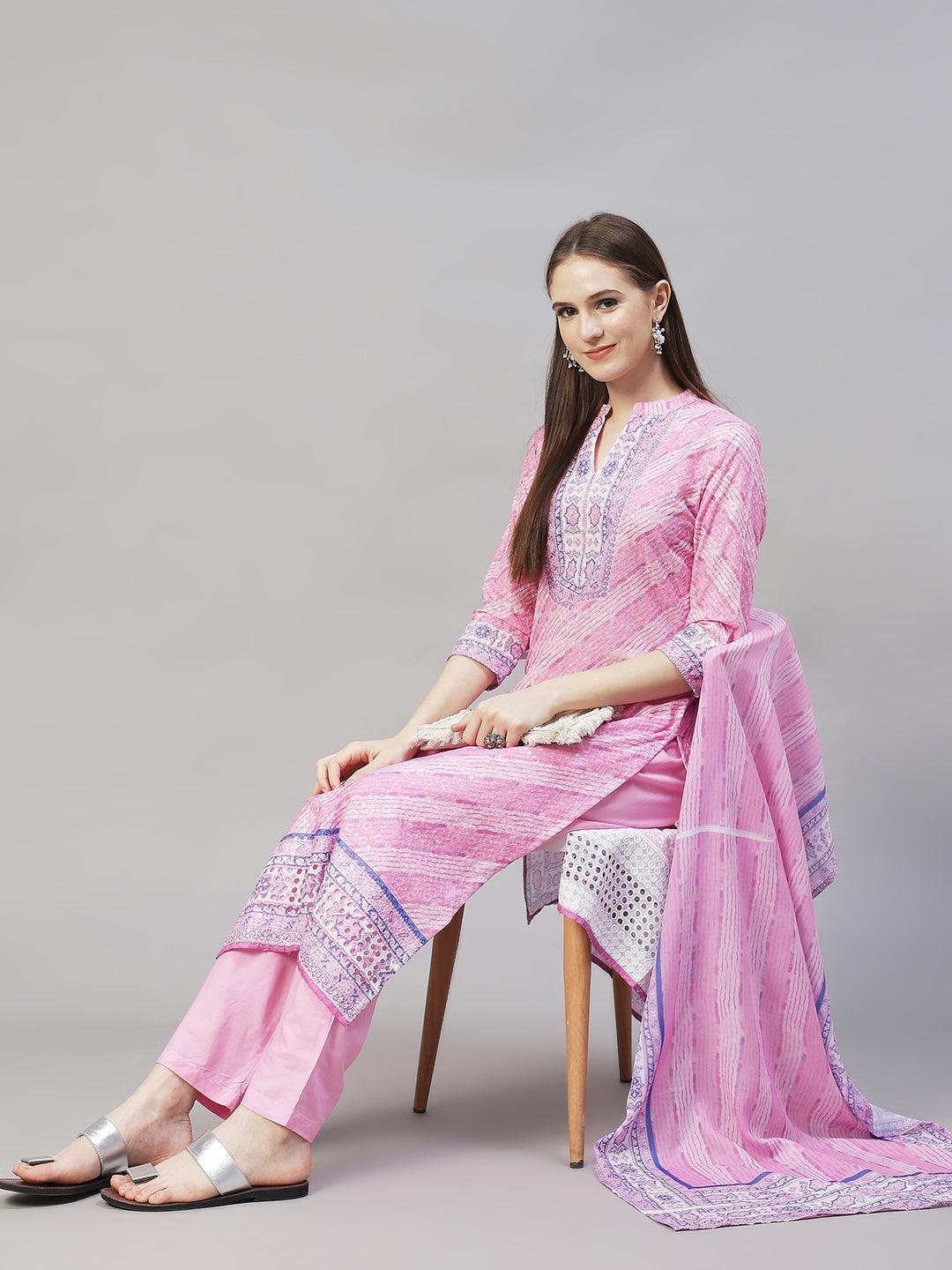 Ethnic Printed & Floral Embroidered Kurta with Pants & Dupatta - Pink - Indiakreations