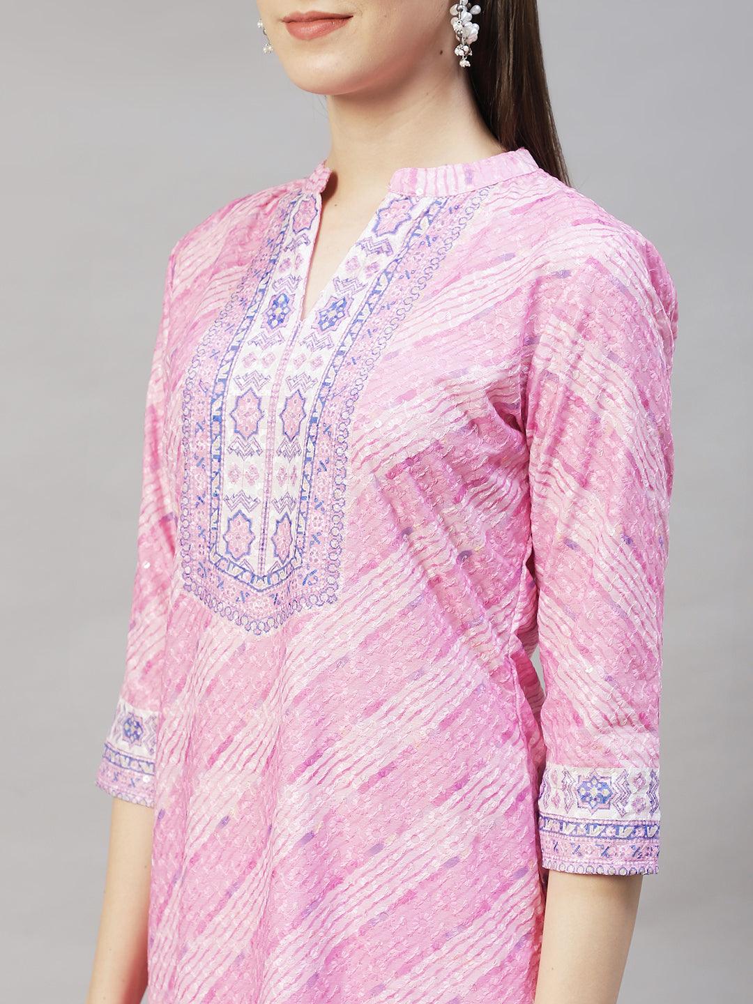 Ethnic Printed & Floral Embroidered Kurta with Pants & Dupatta - Pink - Indiakreations