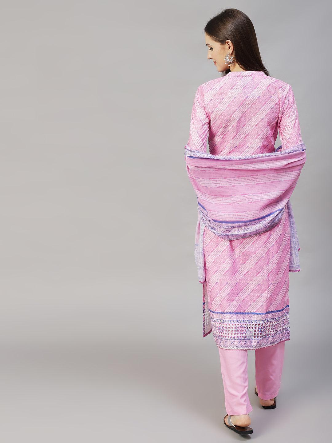 Ethnic Printed & Floral Embroidered Kurta with Pants & Dupatta - Pink - Indiakreations