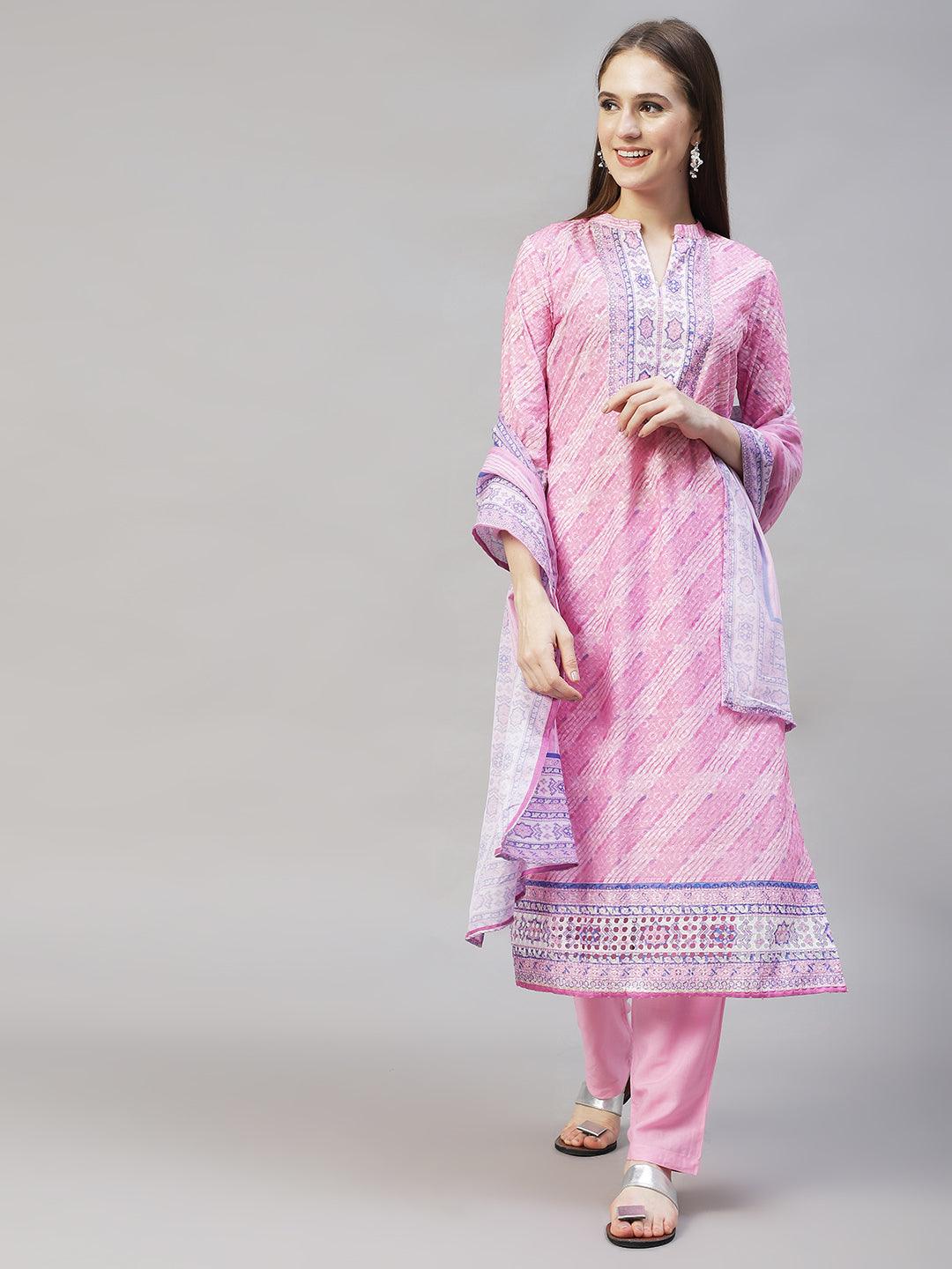 Ethnic Printed & Floral Embroidered Kurta with Pants & Dupatta - Pink - Indiakreations