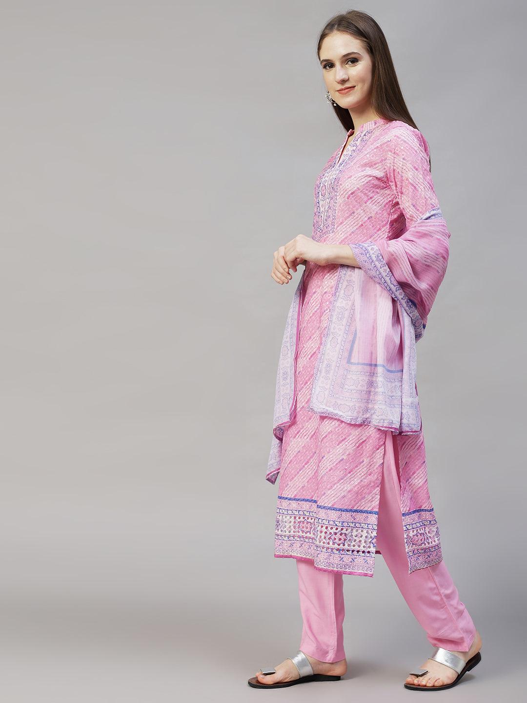 Ethnic Printed & Floral Embroidered Kurta with Pants & Dupatta - Pink - Indiakreations