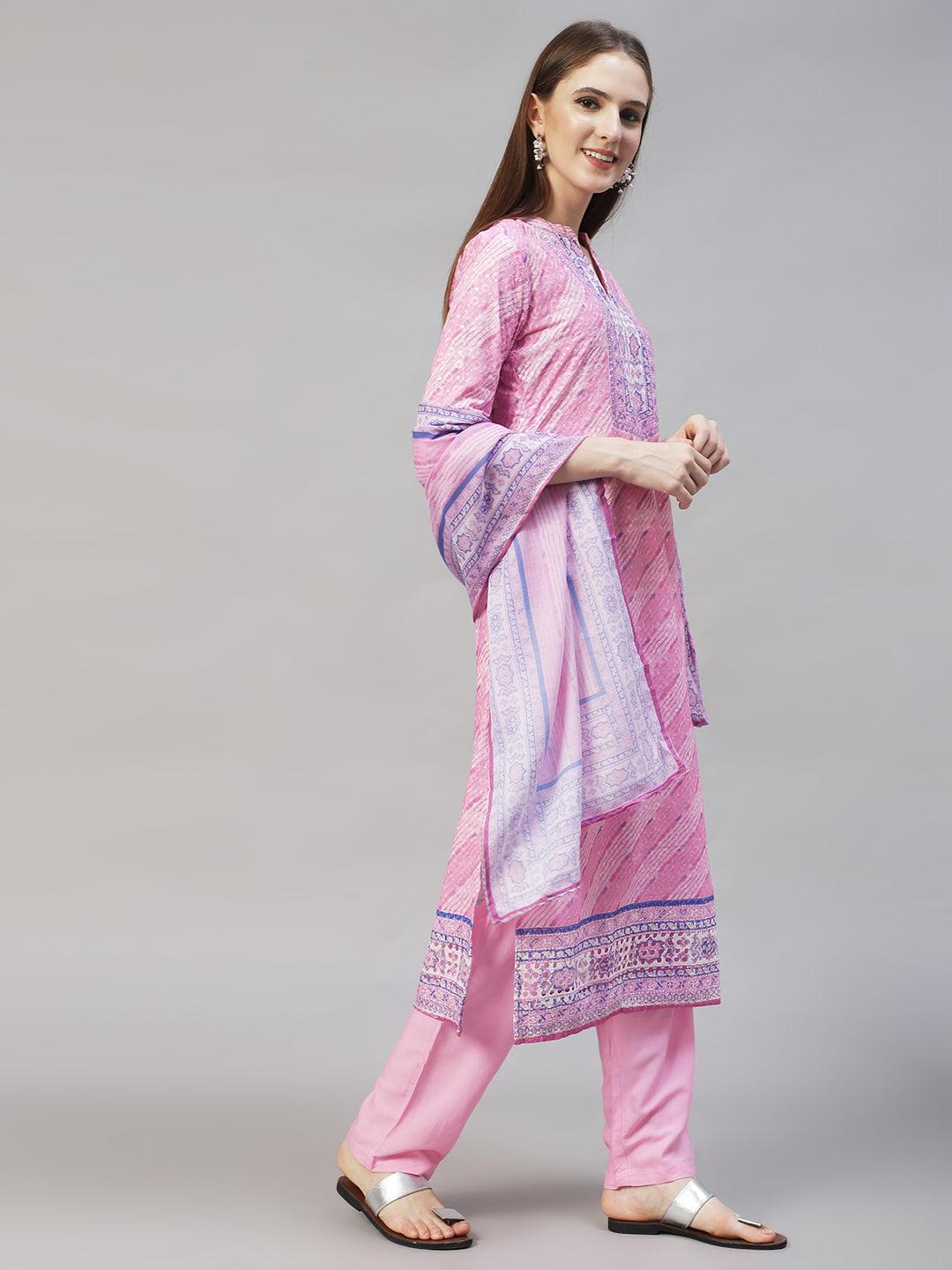 Ethnic Printed & Floral Embroidered Kurta with Pants & Dupatta - Pink - Indiakreations