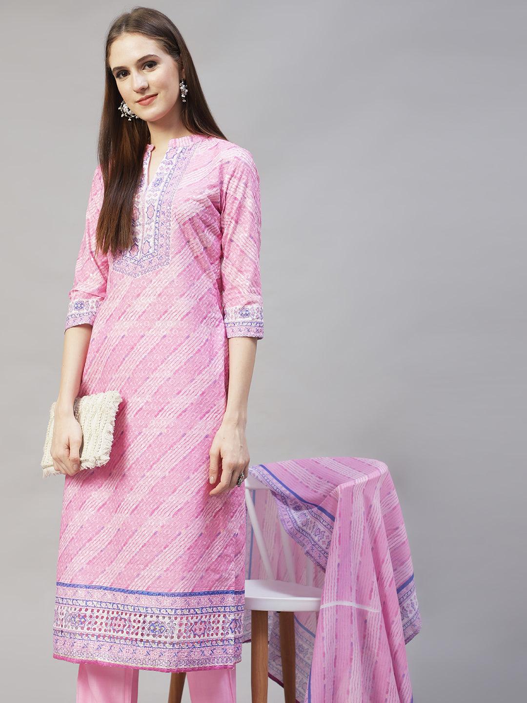 Ethnic Printed & Floral Embroidered Kurta with Pants & Dupatta - Pink - Indiakreations