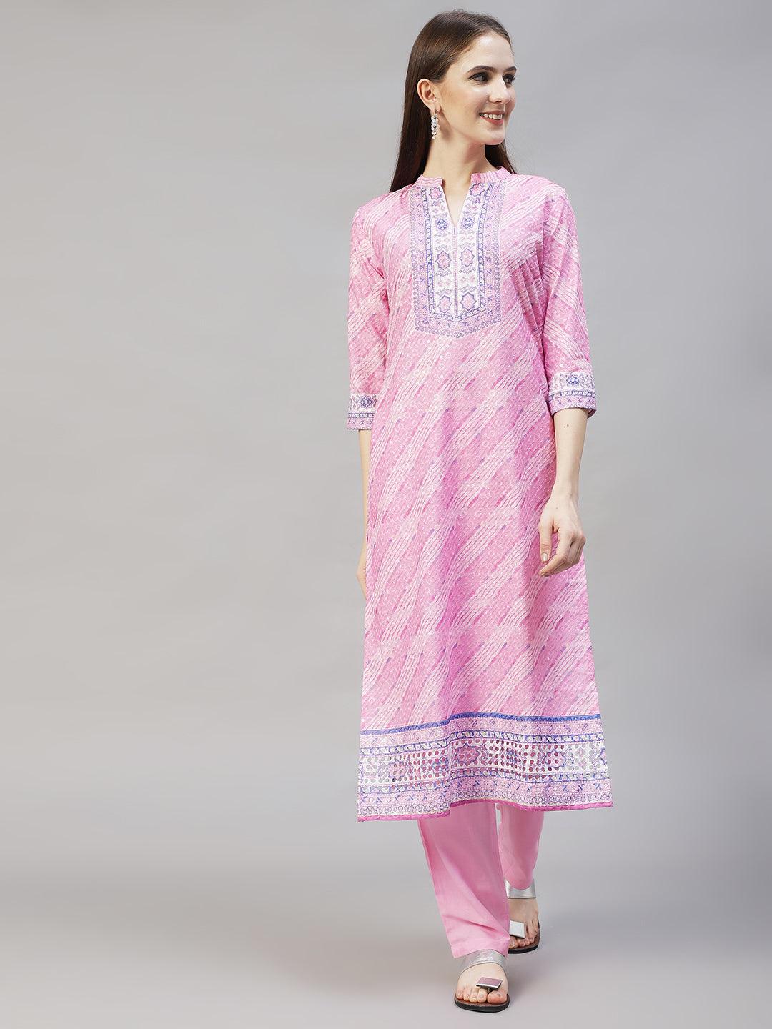 Ethnic Printed & Floral Embroidered Kurta with Pants & Dupatta - Pink - Indiakreations