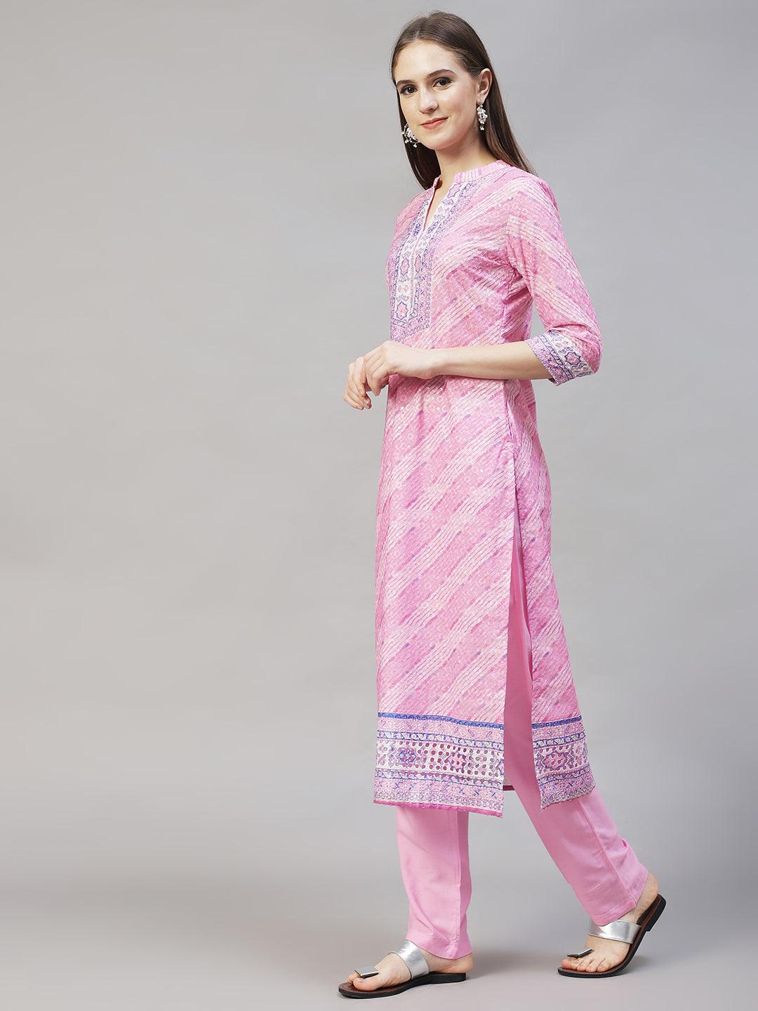 Ethnic Printed & Floral Embroidered Kurta with Pants & Dupatta - Pink - Indiakreations