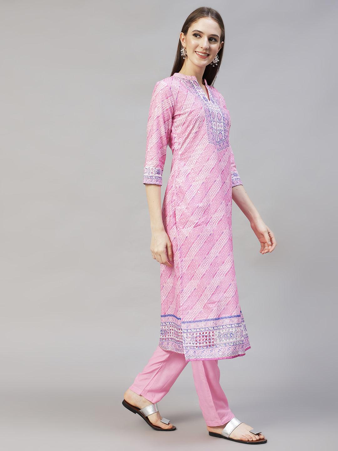 Ethnic Printed & Floral Embroidered Kurta with Pants & Dupatta - Pink - Indiakreations