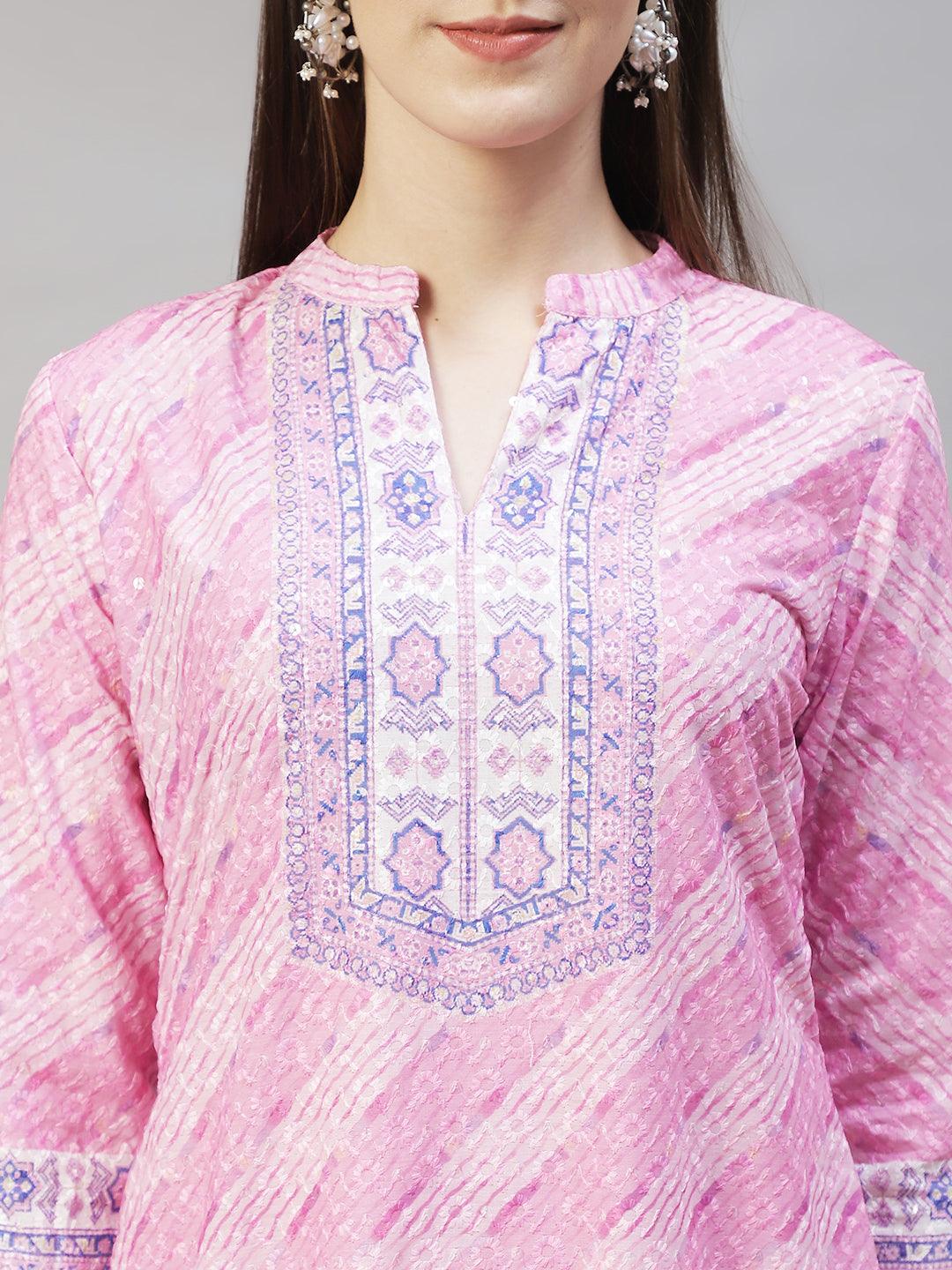 Ethnic Printed & Floral Embroidered Kurta with Pants & Dupatta - Pink - Indiakreations