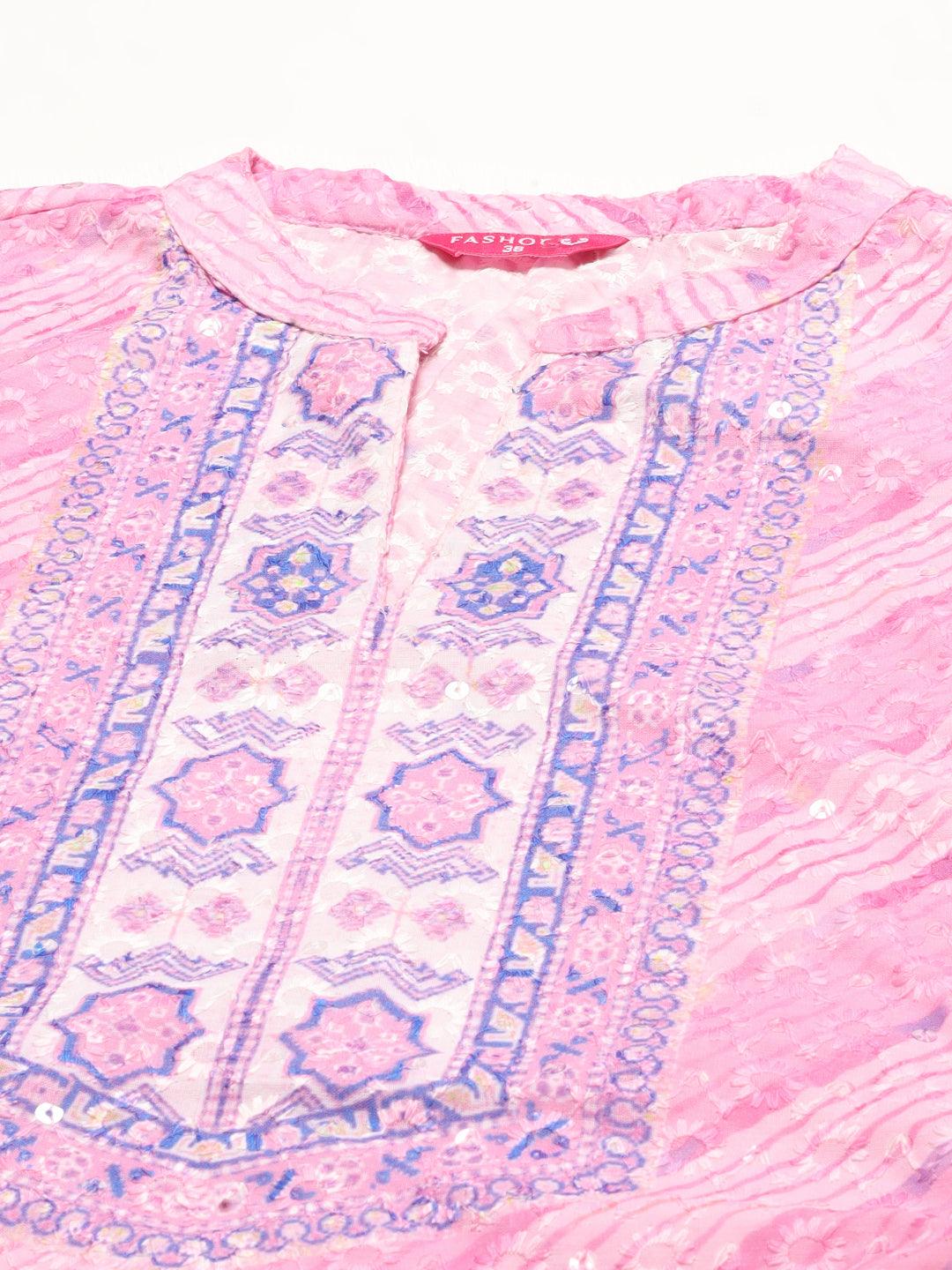 Ethnic Printed & Floral Embroidered Kurta with Pants & Dupatta - Pink - Indiakreations