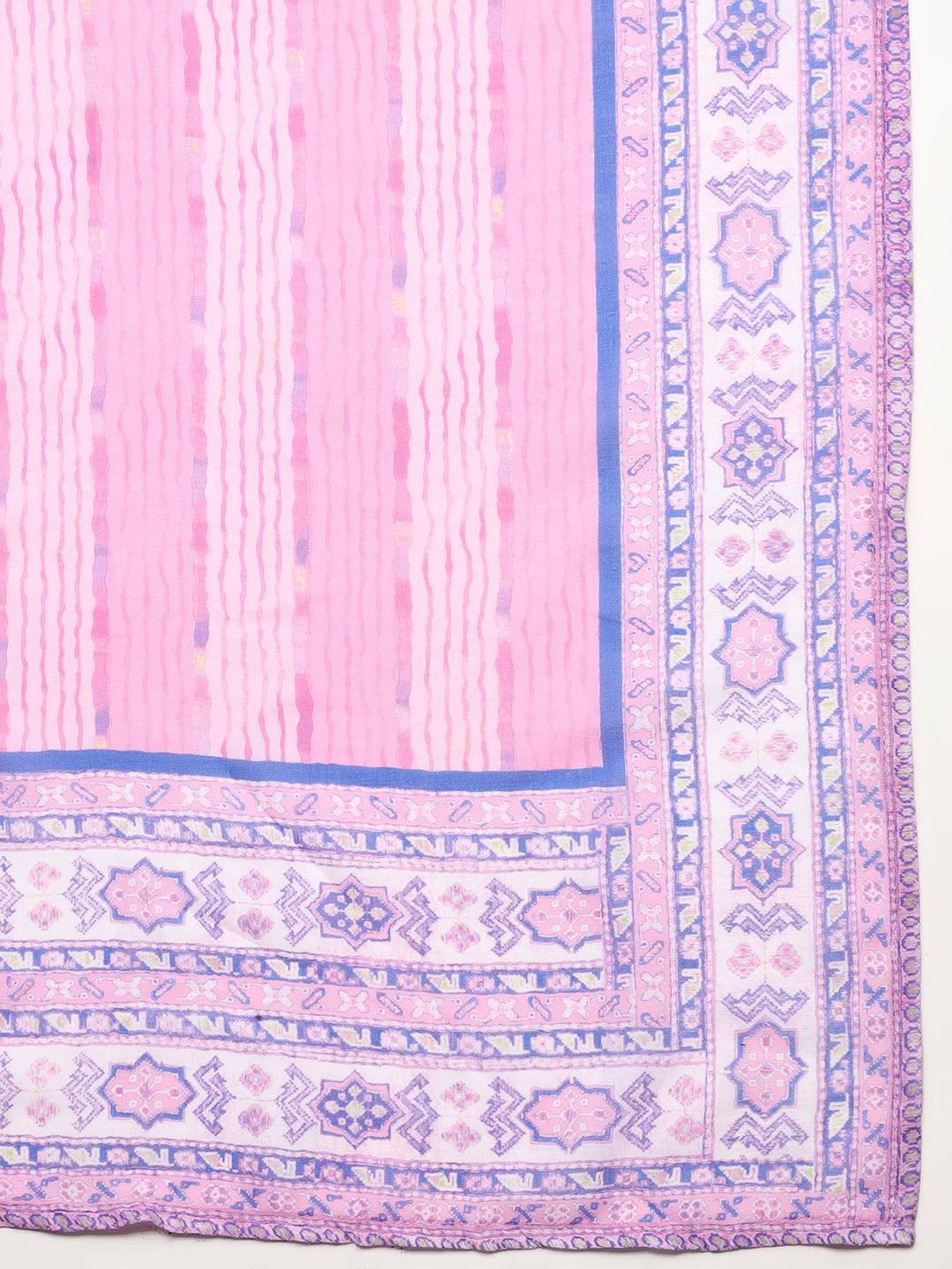 Ethnic Printed & Floral Embroidered Kurta with Pants & Dupatta - Pink - Indiakreations