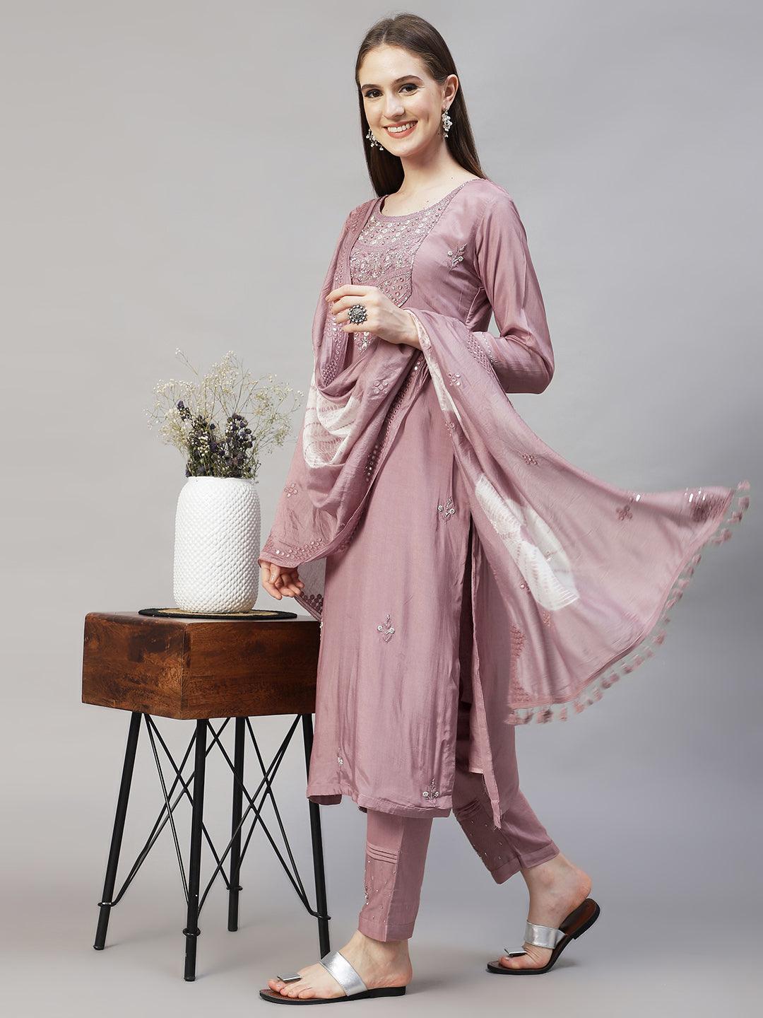 Ethnic Hand Embroidered Straight Kurta with Pants & Dupatta - Lilac Purple - Indiakreations