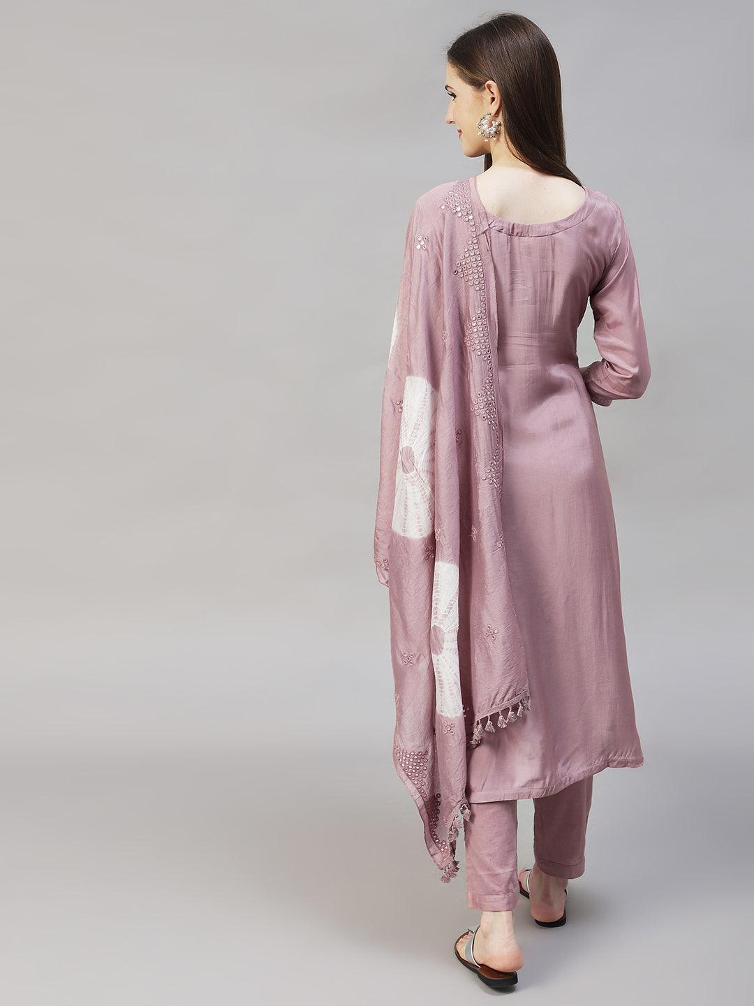 Ethnic Hand Embroidered Straight Kurta with Pants & Dupatta - Lilac Purple - Indiakreations