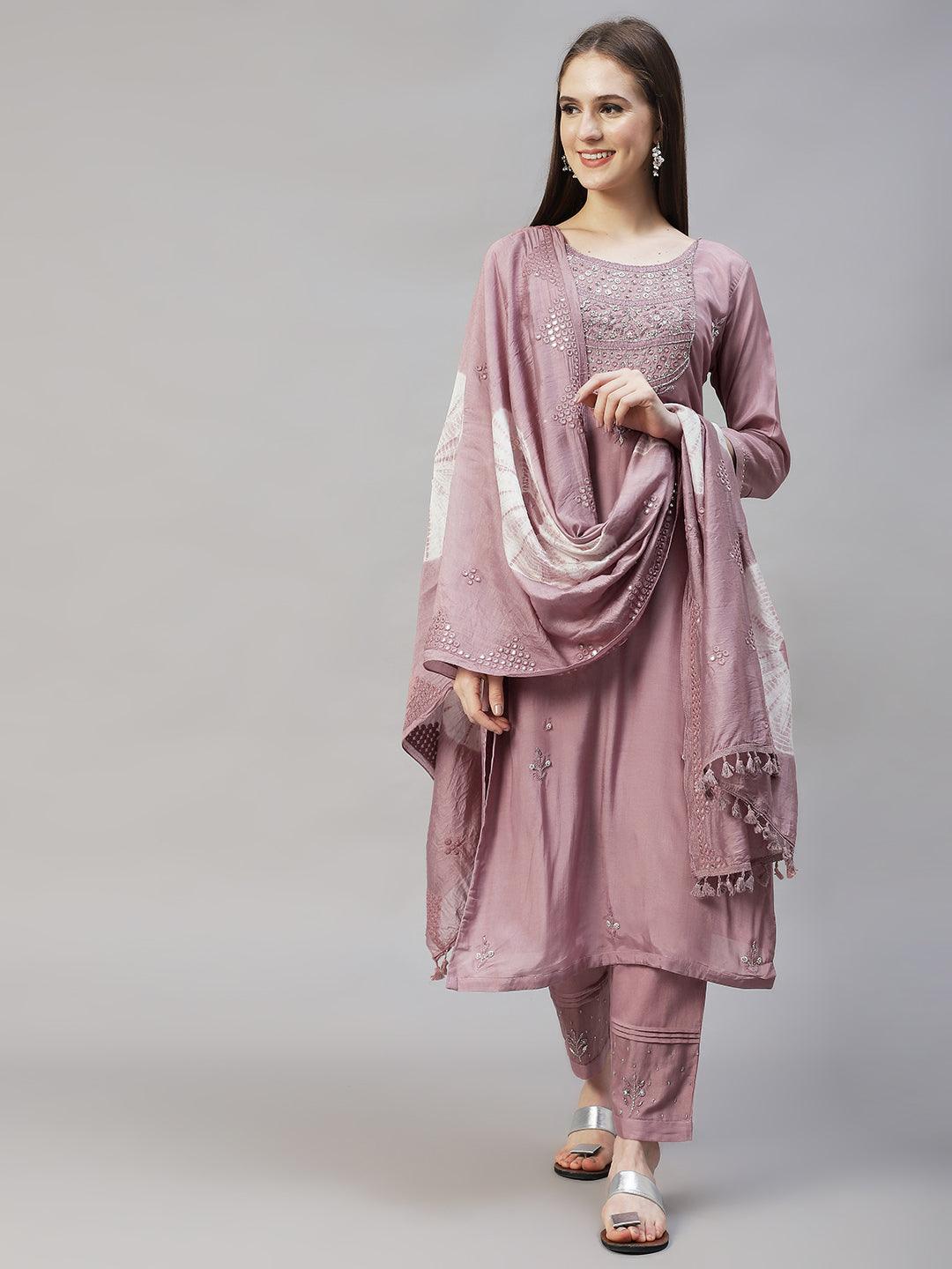 Ethnic Hand Embroidered Straight Kurta with Pants & Dupatta - Lilac Purple - Indiakreations