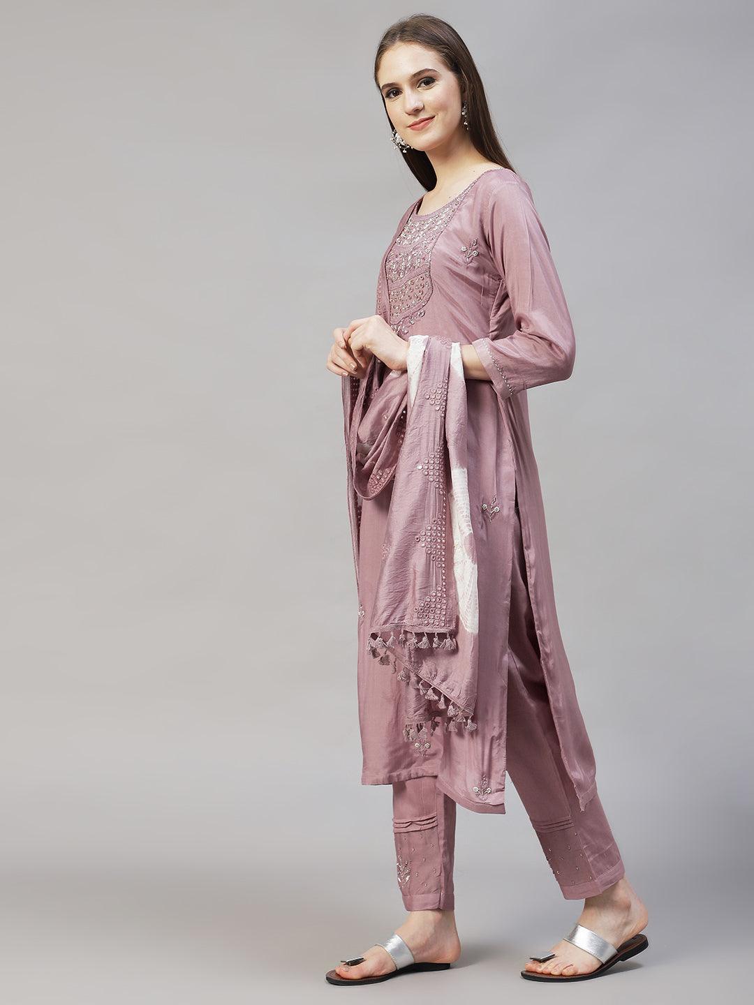 Ethnic Hand Embroidered Straight Kurta with Pants & Dupatta - Lilac Purple - Indiakreations