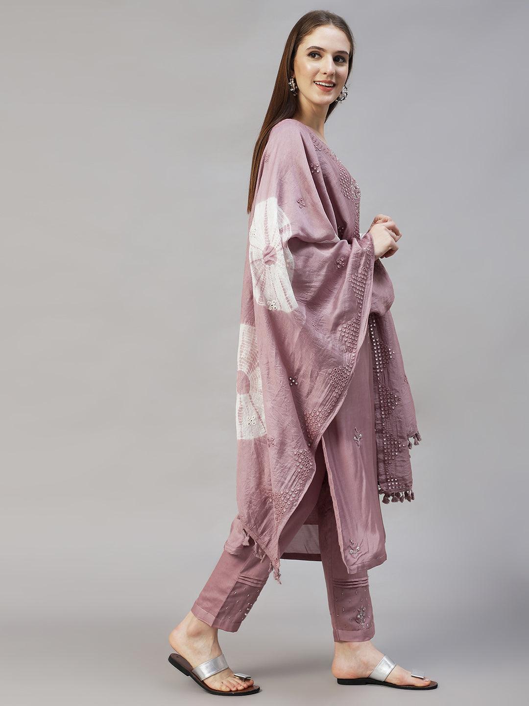 Ethnic Hand Embroidered Straight Kurta with Pants & Dupatta - Lilac Purple - Indiakreations