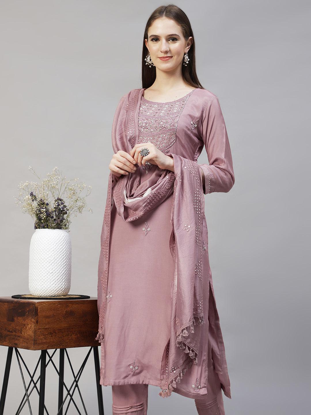 Ethnic Hand Embroidered Straight Kurta with Pants & Dupatta - Lilac Purple - Indiakreations