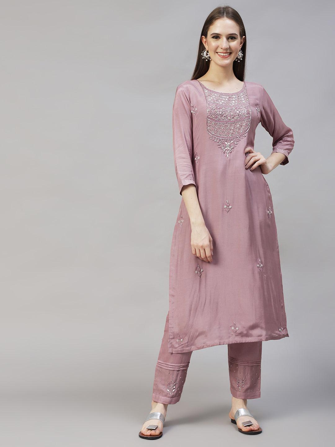 Ethnic Hand Embroidered Straight Kurta with Pants & Dupatta - Lilac Purple - Indiakreations