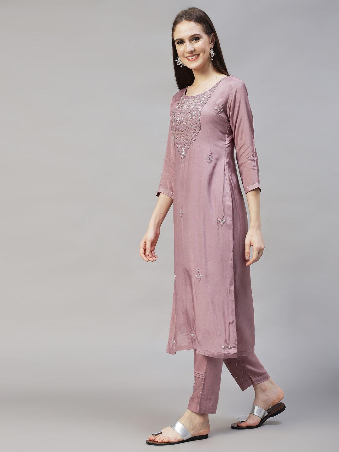 Ethnic Hand Embroidered Straight Kurta with Pants & Dupatta - Lilac Purple - Indiakreations