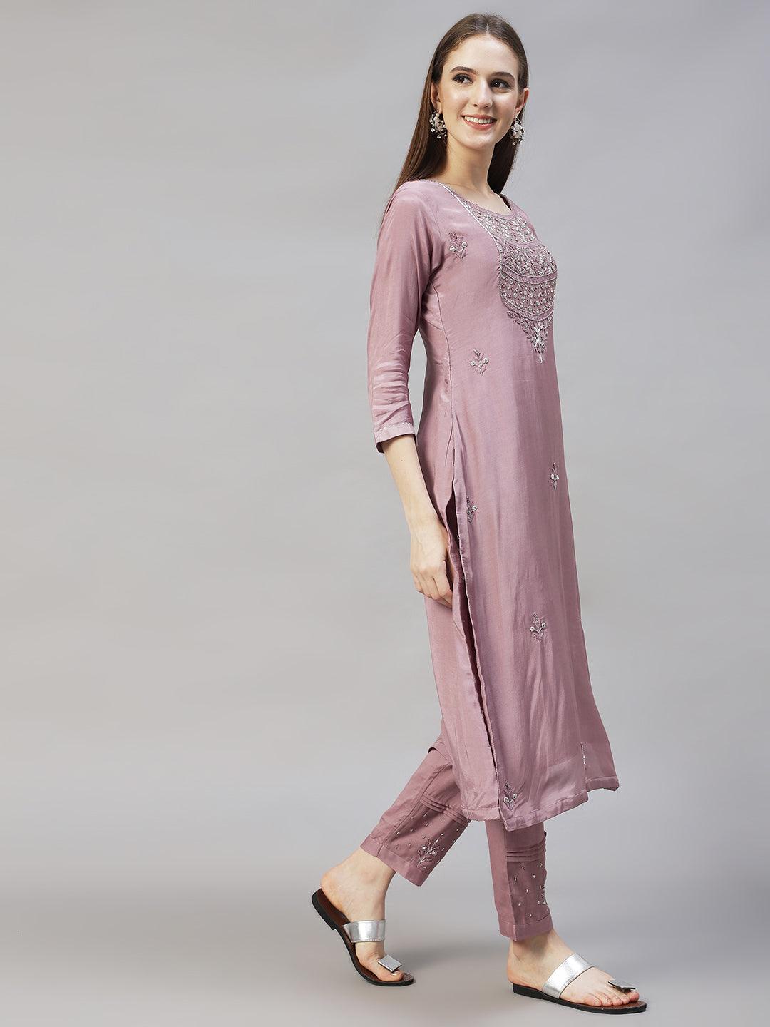 Ethnic Hand Embroidered Straight Kurta with Pants & Dupatta - Lilac Purple - Indiakreations