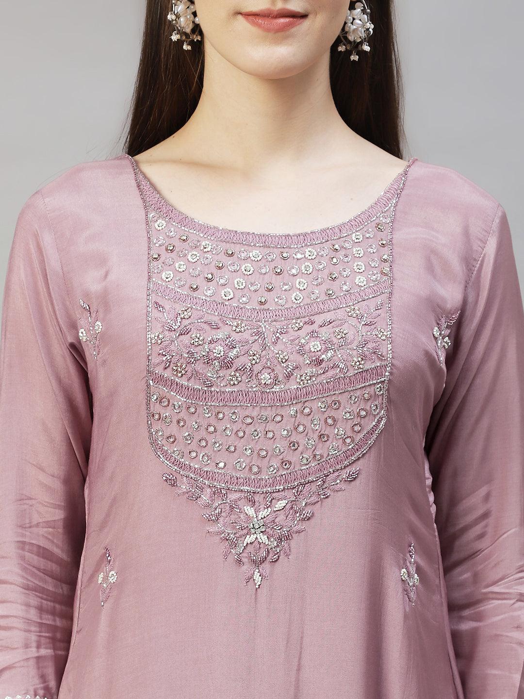 Ethnic Hand Embroidered Straight Kurta with Pants & Dupatta - Lilac Purple - Indiakreations