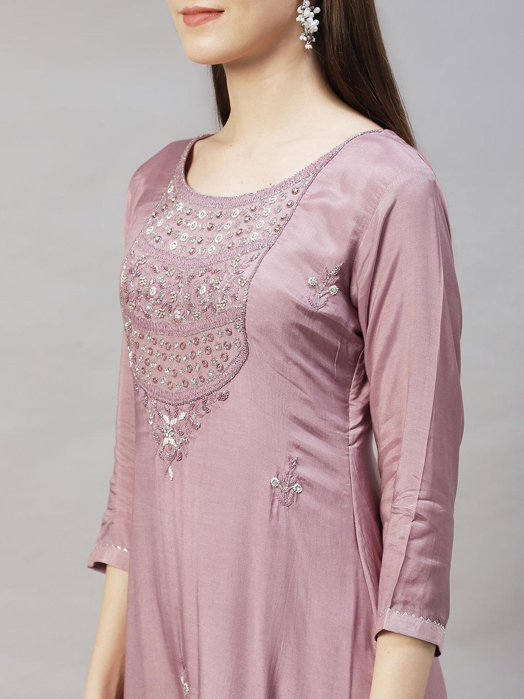 Ethnic Hand Embroidered Straight Kurta with Pants & Dupatta - Lilac Purple - Indiakreations