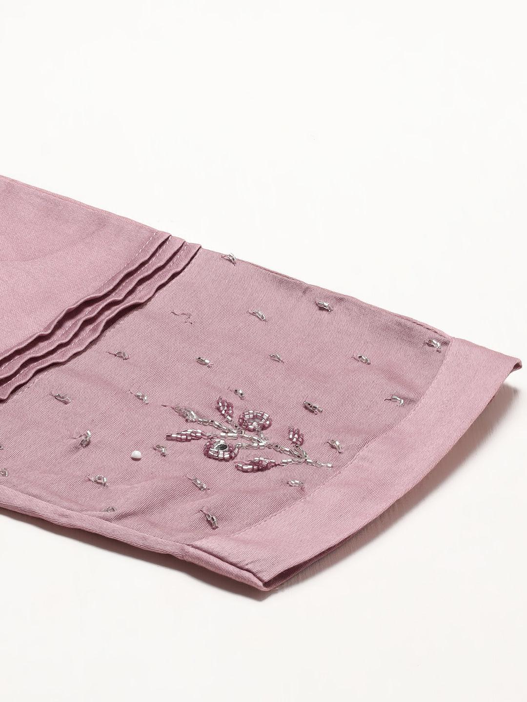 Ethnic Hand Embroidered Straight Kurta with Pants & Dupatta - Lilac Purple - Indiakreations