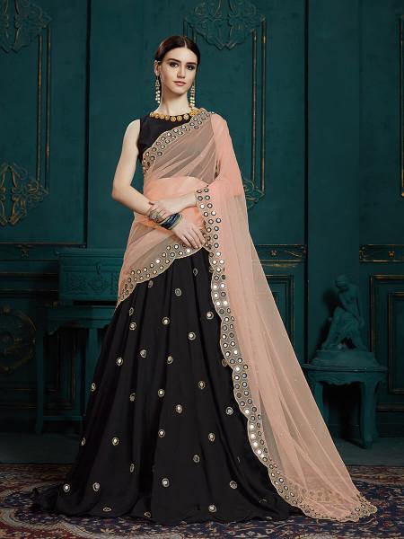 Women Black Georgette Embroidered Lehenga by Myracouture (3pcs Set)