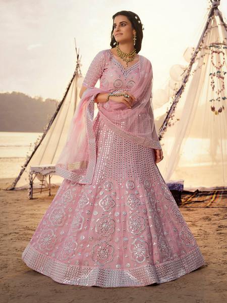 Women's  Baby Pink Embroidered Organza Lehenga - Myracouture