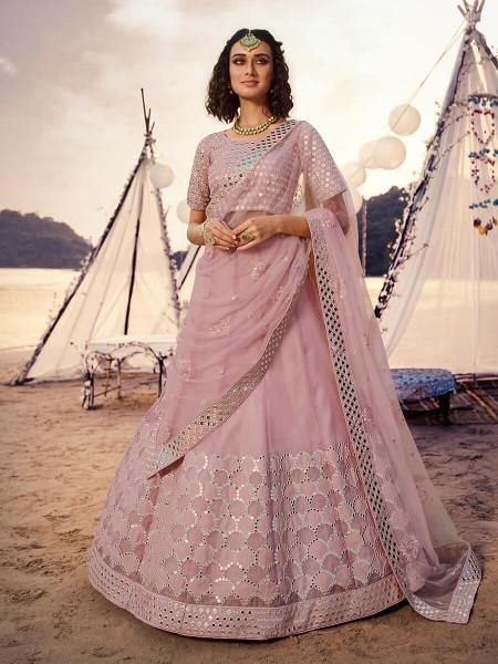 Women's  Baby Pink Embroidered Organza Lehenga - Myracouture