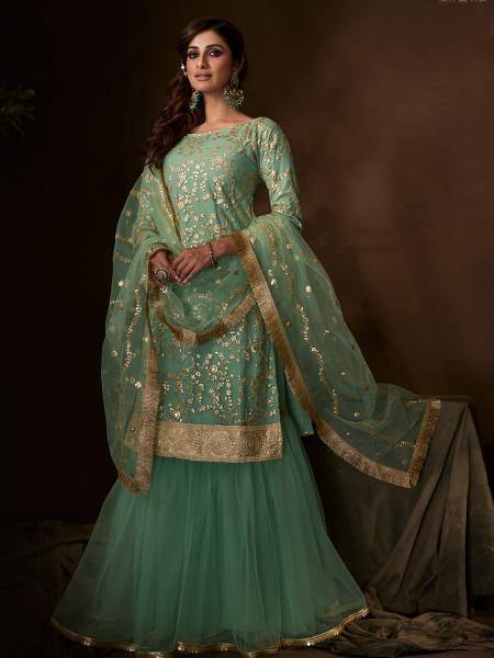 Women's  Green Soft Net Gharara Suit - Myracouture