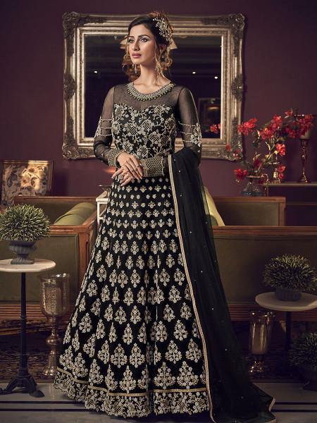 Women's  Black Jacket Style Heavy Embroidered Suit - Myracouture
